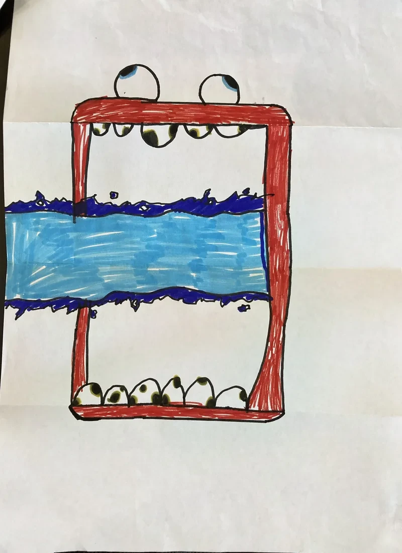 Red mouth frame with blue water