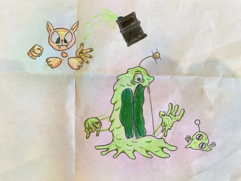 Green slime monster and fox