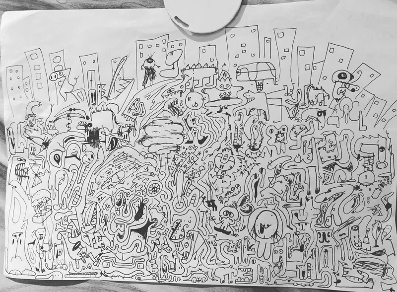 Dense city of doodle monsters