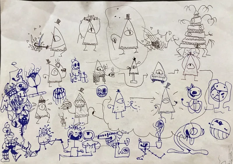 Blue pen triangle people crowd
