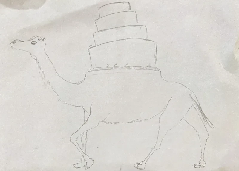 Camel carrying a cake