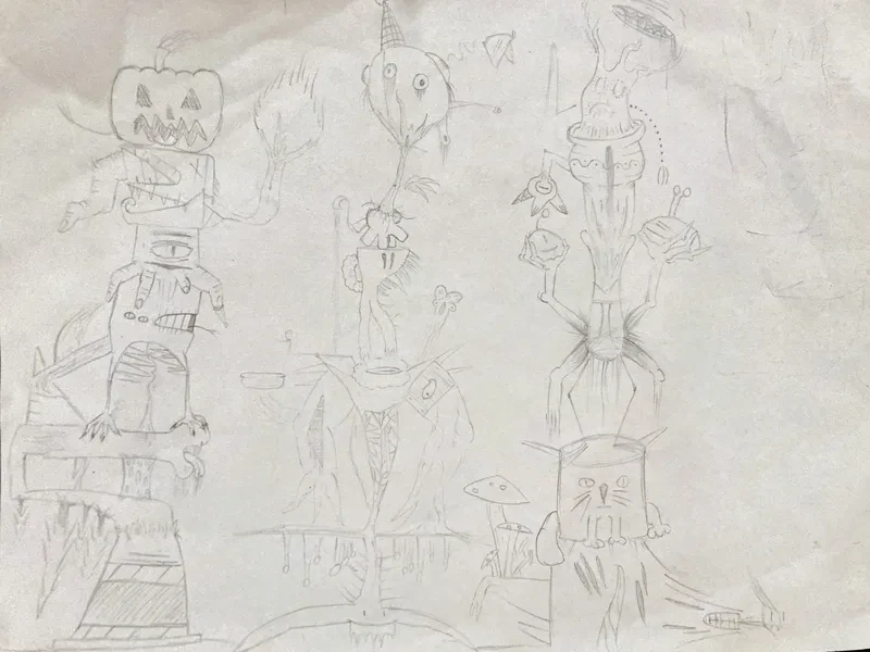 Faint pencil totem pole creatures