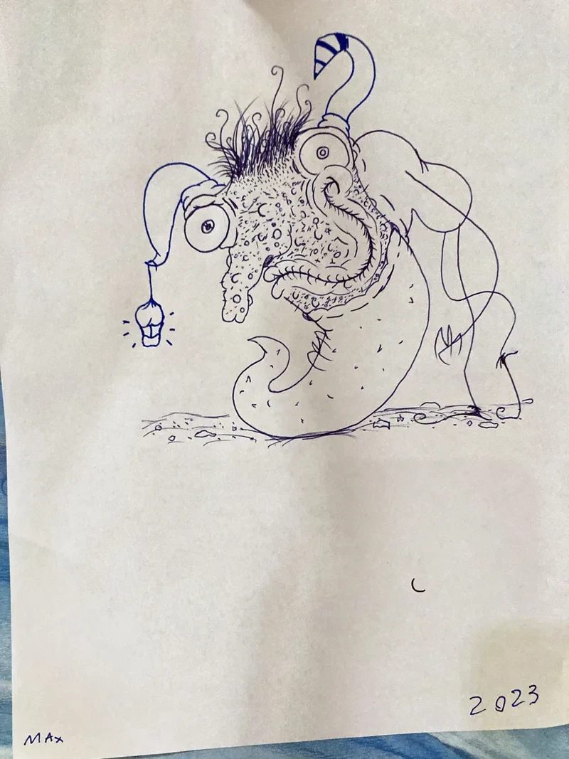 Blue pen monster with hanging lamp