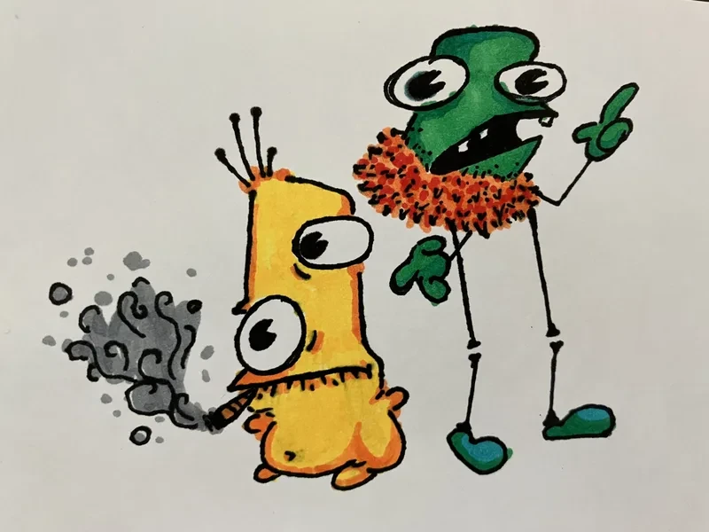 Smoking yellow monster and green friend