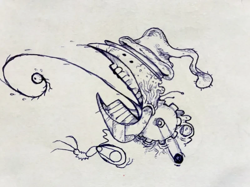 Blue pen hat monster with gears